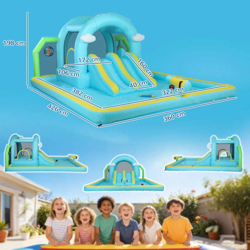 AIYAPLAY Castillo Hinchable Acuático 7 en 1 con Soplador 2 Toboganes Trampolín Piscina Canasta Columna de Boxeo 426x360x198 cm