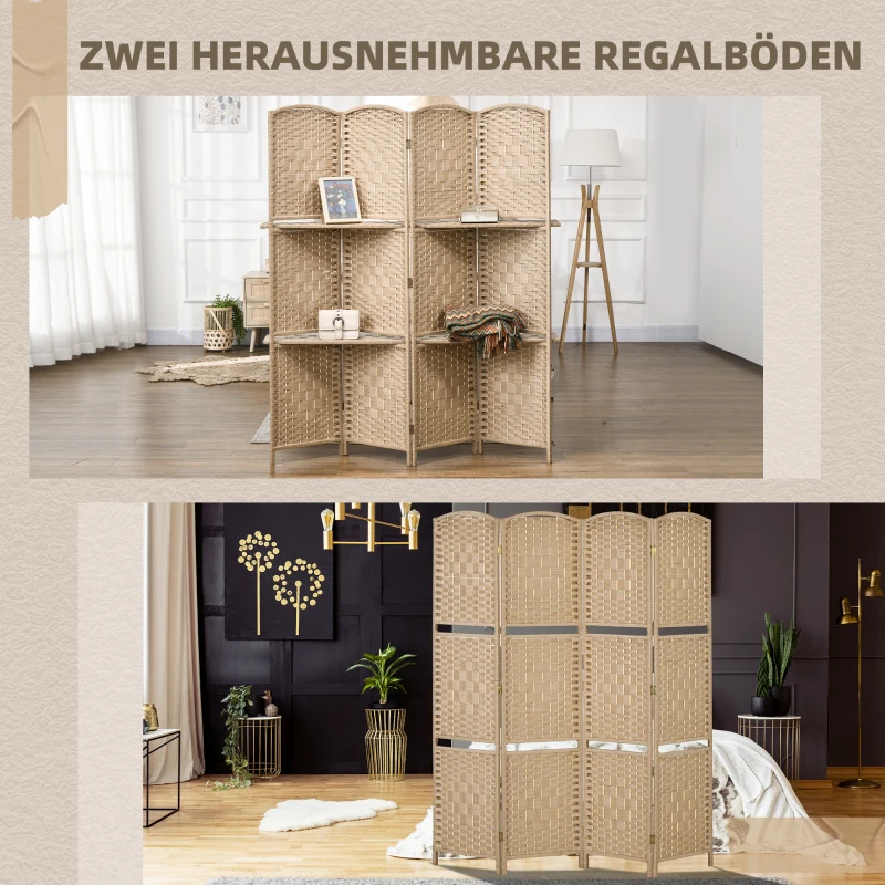 HOMCOM 4-teiliger Paravent, 160 x 170 cm, faltbare Trennwand mit 2 Regalen, Naturholz