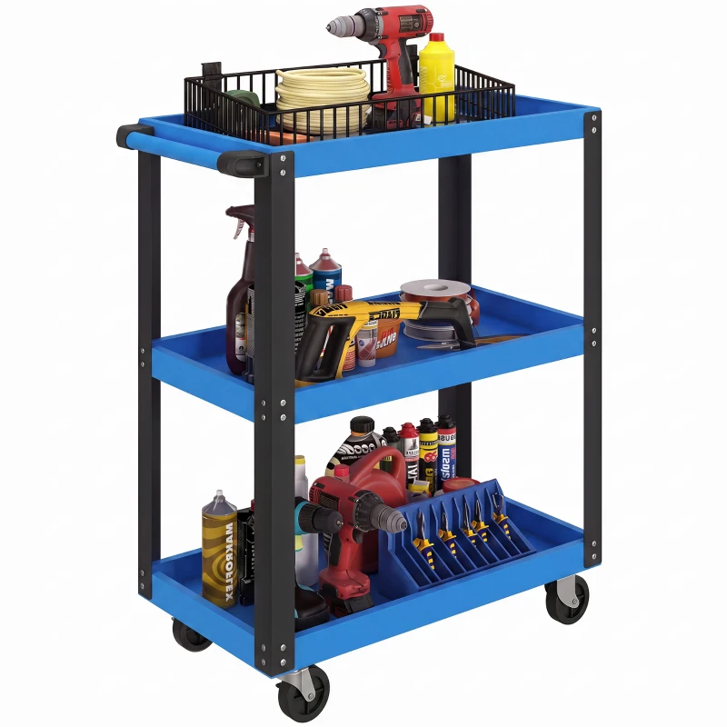 HOMCOM Werkzeugwagen mit 3 Ablagen, Rollen und Griffen für Garage, Werkstatt & Zuhause, Traglast 120 kg, Blau und Schwarz
