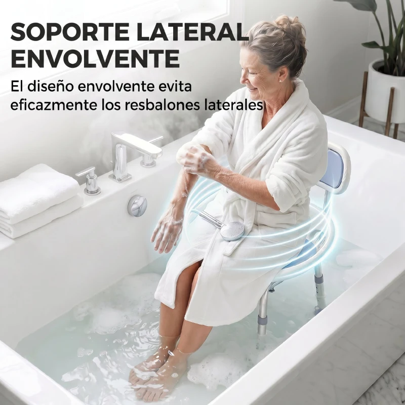 HOMCOM Silla Ducha Personas Mayores con Protectores Laterales Respaldo Antideslizantes Altura Regulable Carga 136 kg Azul