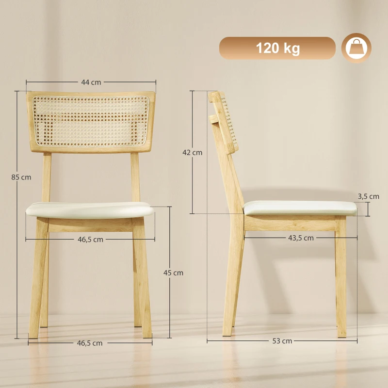 HOMCOM Eetkamerstoel met rotan rugleuning, kunstleren zitting en rubberhout, naturel