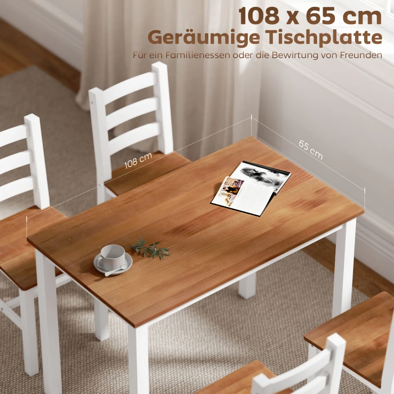 HOMCOM Eetset met eettafel en 4 stoelen, eetkamerset van grenenhout, bruin+wit