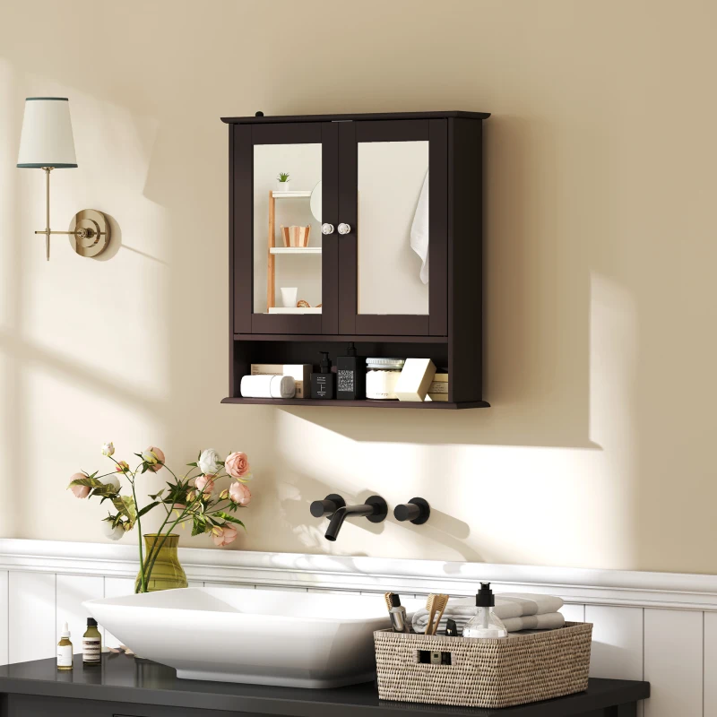 kleankin Armario de Baño con Espejo Armario de Pared con 2 Puertas Estante Abierto Estante Ajustable 56x13x58cm Marrón Oscuro
