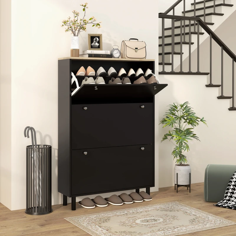 HOMCOM Meuble à Chaussures 24 Paires, Armoire à Chaussures Étroite avec 3 Tiroirs Rabattables, Étagères Réglables, Noir