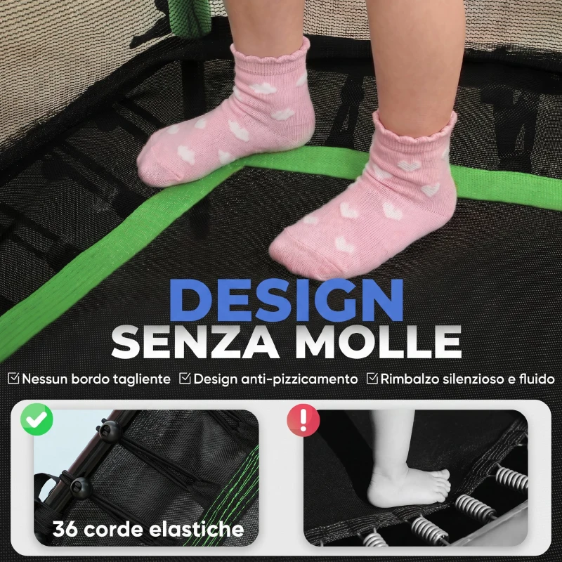 HOMCOM Trampolino Elastico per Bambini 3-10 Anni con Ingresso a Cerniera e Pali Imbottiti, 122x111x190 cm, Verde