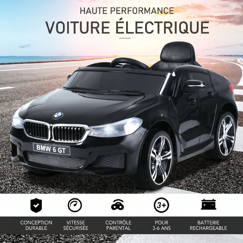 HOMCOM Voiture électrique Enfants 6 V 3 Km/h Max. Effets sonores et Lumineux télécommande Incluse Noir BMW 6 GT(m-6)