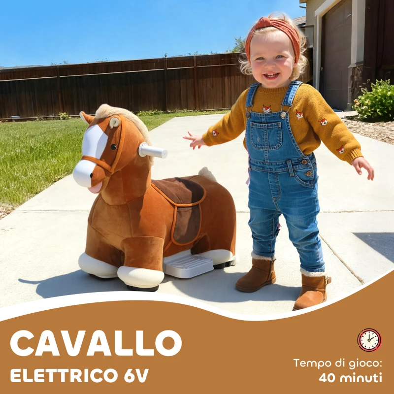 AIYAPLAY Cavallo Elettrico per Bambini con Pedali, Rotelle e Suoni, in Peluche e Metallo, 74x34x51 cm, Marrone