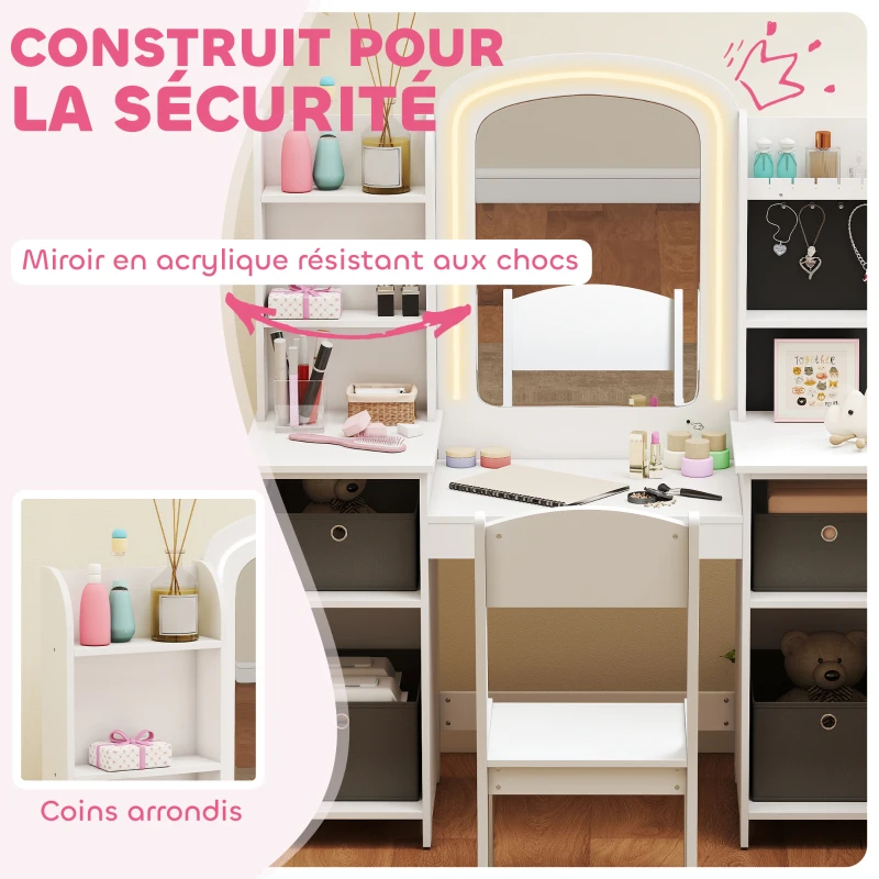 AIYAPLAY Coiffeuse pour enfants avec tabouret et miroir LED, table de maquillage pour 3 à 8 ans, 104 x 40 x 112 cm, blanc