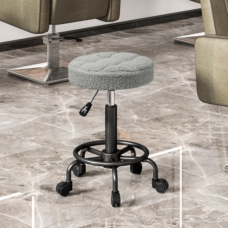 HOMCOM Taburete Giratorio Redondo Taburete con Ruedas Altura Regulable 50-66 cm Asiento Tapizado en Tejido de Borreguito Gris