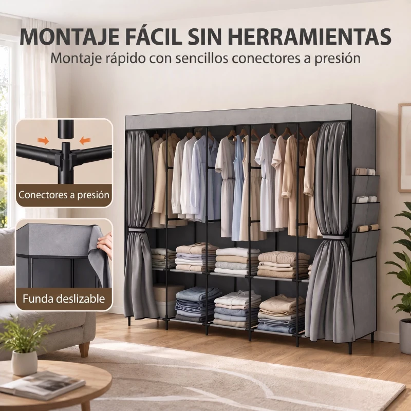 HOMCOM Armario de Tela con 5 Barras 5 Estantes 6 Bolsillos Laterales Cremallera Marco de Acero 212x45x167 cm Gris