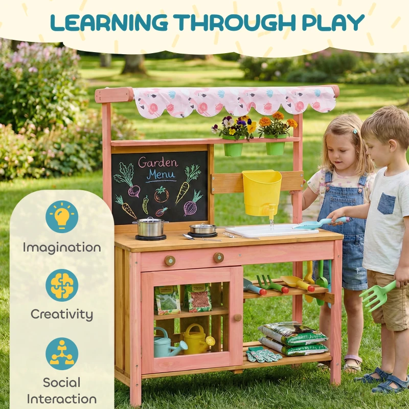 AIYAPLAY Kids Mud Kitchen with Canopy, Outdoor Wooden Play Kitchen with Planter Box, Accessories for Age 3-6, Pink