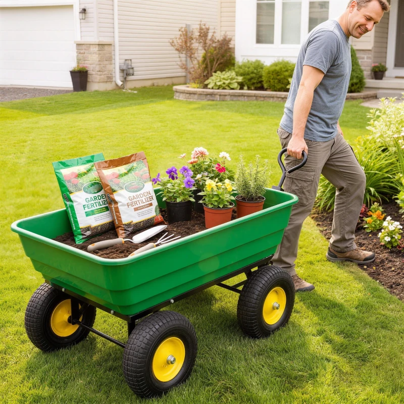 Outsunny Carrello da Giardino 125L in Acciaio e PP con Vasca ribaltabile e Maniglia, 118x58x102 cm, Verde