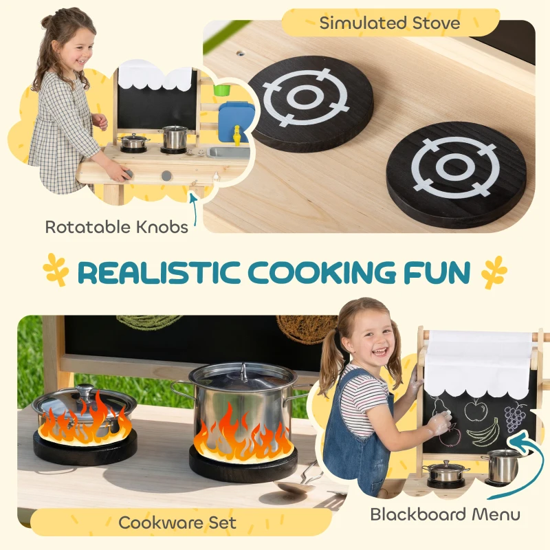 AIYAPLAY Mud Kitchen with Real Water Faucet Pretend Play Kitchen Playset with Sink and Storage Natural Wood