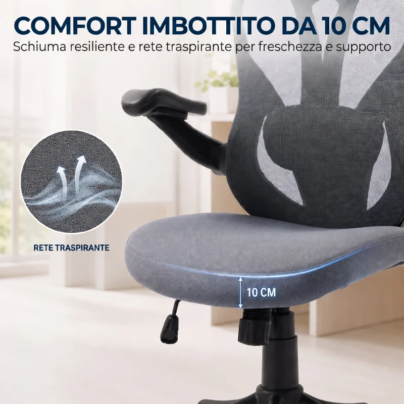HOMCOM Sedia da Ufficio Ergonomica con Braccioli Ribaltabili, Poggiatesta e Appendiabiti, Grigio Scuro