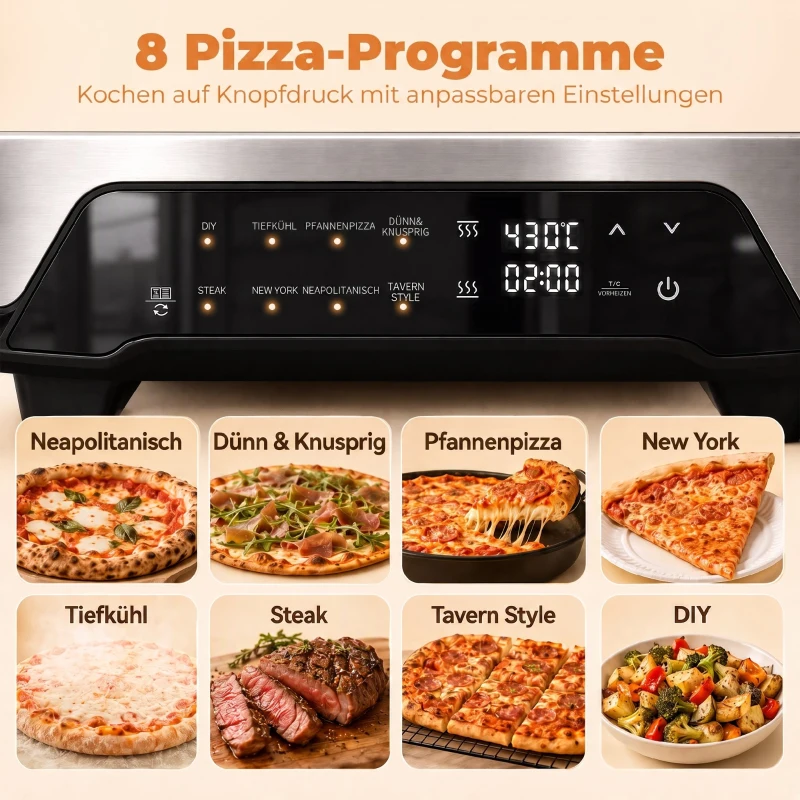 HOMCOM Pizzaoven voor binnen, 30,5 cm elektrische pizzaoven met 8 programma’s, 430 °C, timer, keramische steen, 2200 W