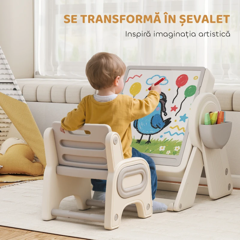 AIYAPLAY Masă Multifuncțională pentru Copii cu Raft de Depozitare și Sertare, din HDPE și PP, Gri și Alb