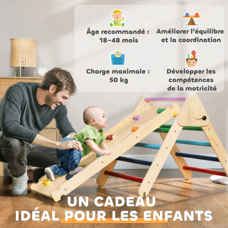 AIYAPLAY Triangle escalade enfants 3 en 1, rampe double-face pour grimper et glisser, charge 50 kg, 147x64,5x63cm, multicolore
