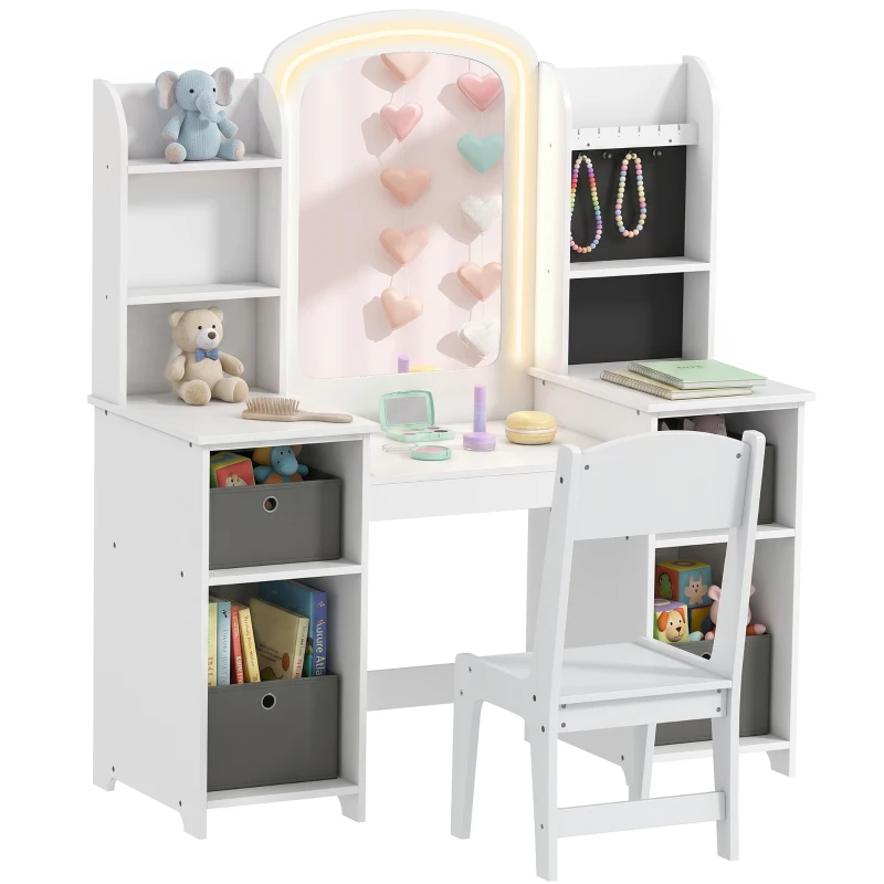 AIYAPLAY Coiffeuse pour enfants avec tabouret et miroir LED, table de maquillage pour 3 à 8 ans, 104 x 40 x 112 cm, blanc