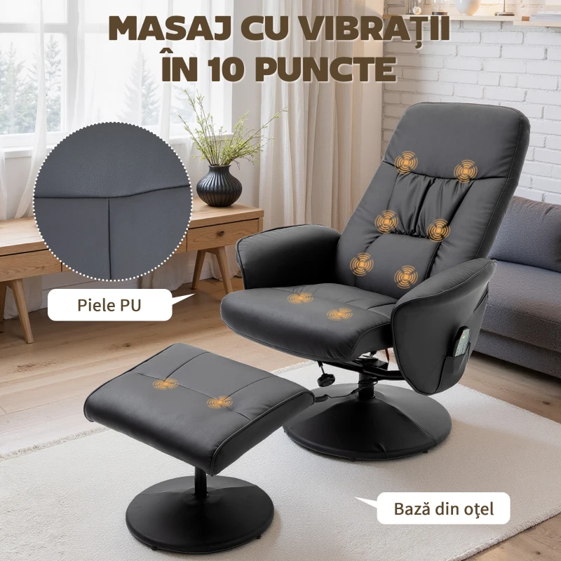HOMCOM Fotoliu Relaxant cu Suport pentru Picioare, Reclinabil 145° cu Șezut Rotativ, cu 10 Puncte de Masaj, Negru
