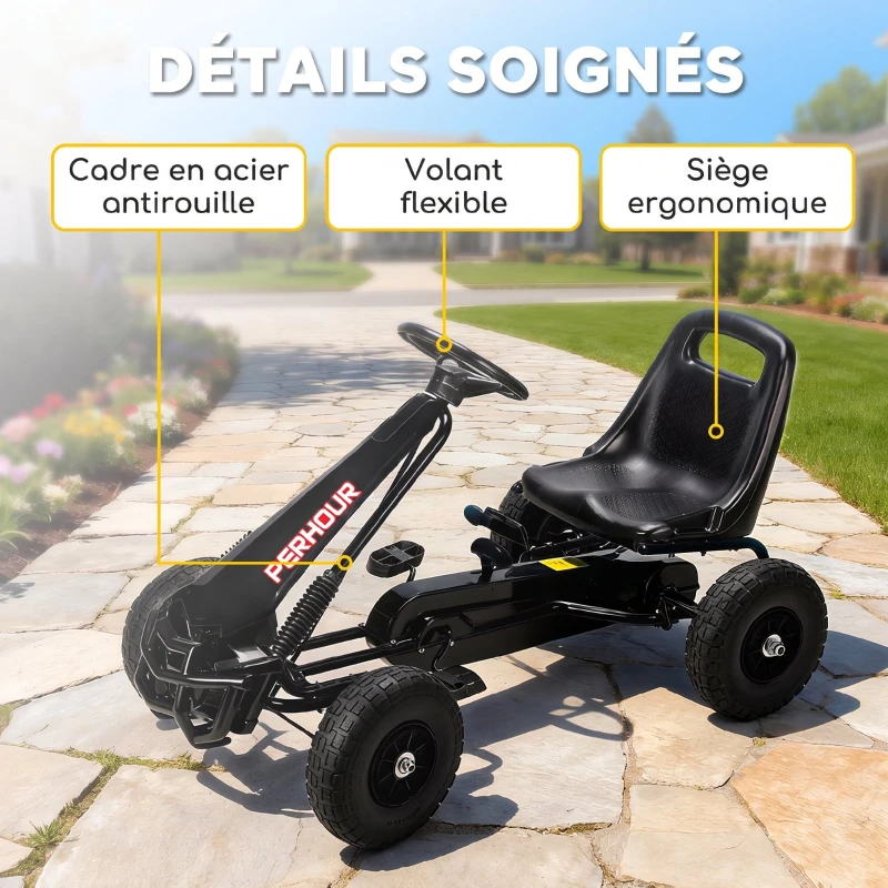 AIYAPLAY Kart à pédales Go-Kart pour enfants siège réglable pneus EVA embrayage manuel et frein 110 x 61 x 62 cm noir