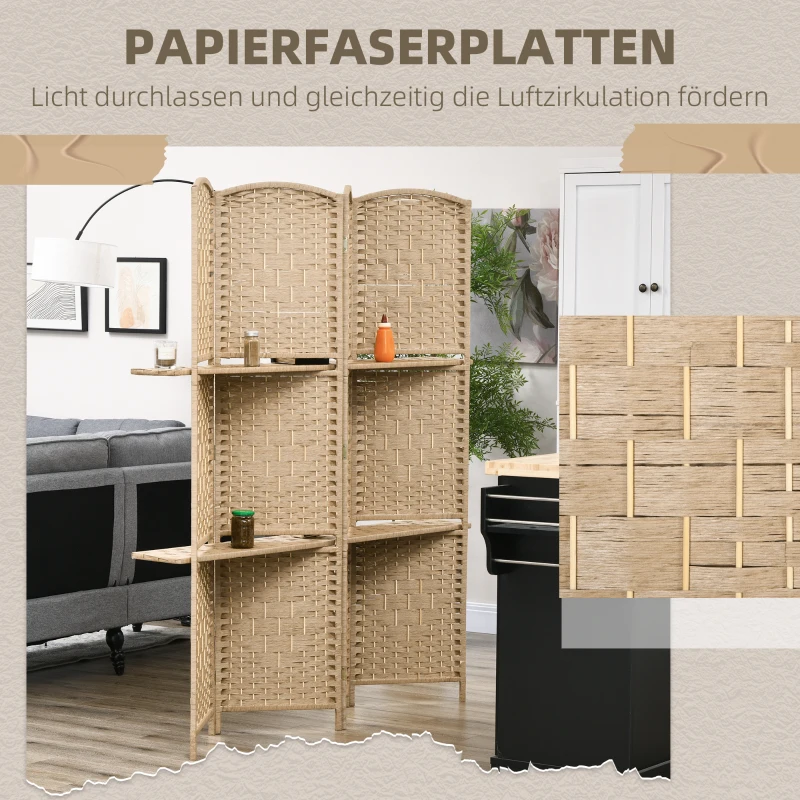 HOMCOM 4-teiliger Paravent, 160 x 170 cm, faltbare Trennwand mit 2 Regalen, Naturholz