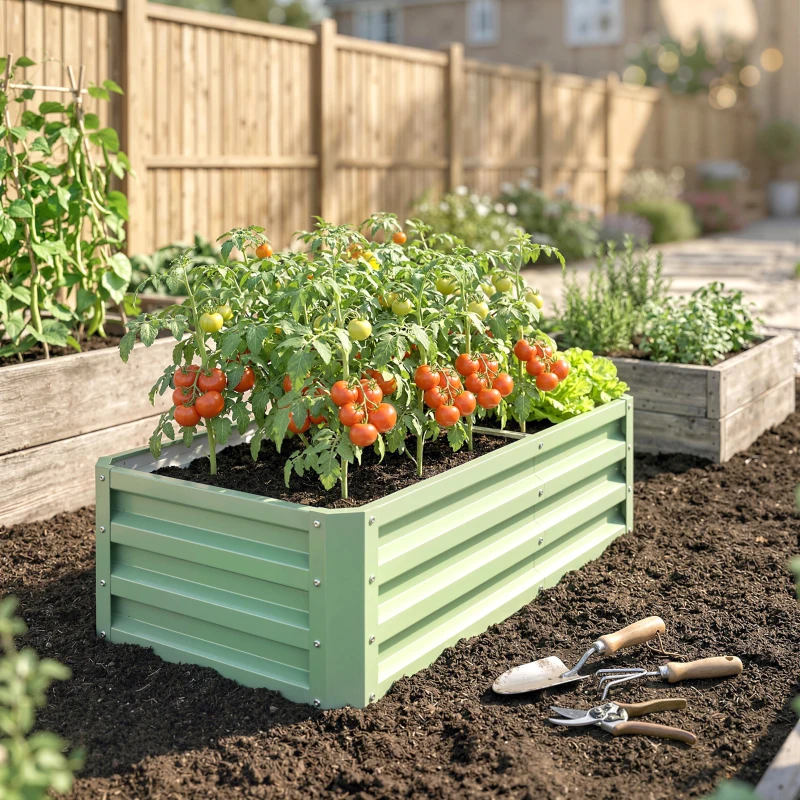 Outsunny Carré Potager de Jardin Rectangulaire, Tôle d'Acier Ondulée, 120 x 60 x 30,5 cm, Vert