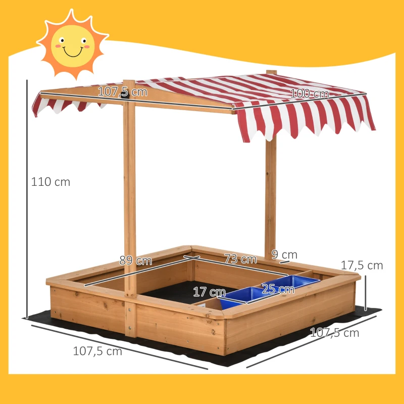 Outsunny Arenero Infantil de Madera con Techo Inclinable Ajustable en Altura y 2 Cubetas de Plástico Cajón de Arena de Jardín para Niños +3 Años 107,5x107,5x110 cm Natural