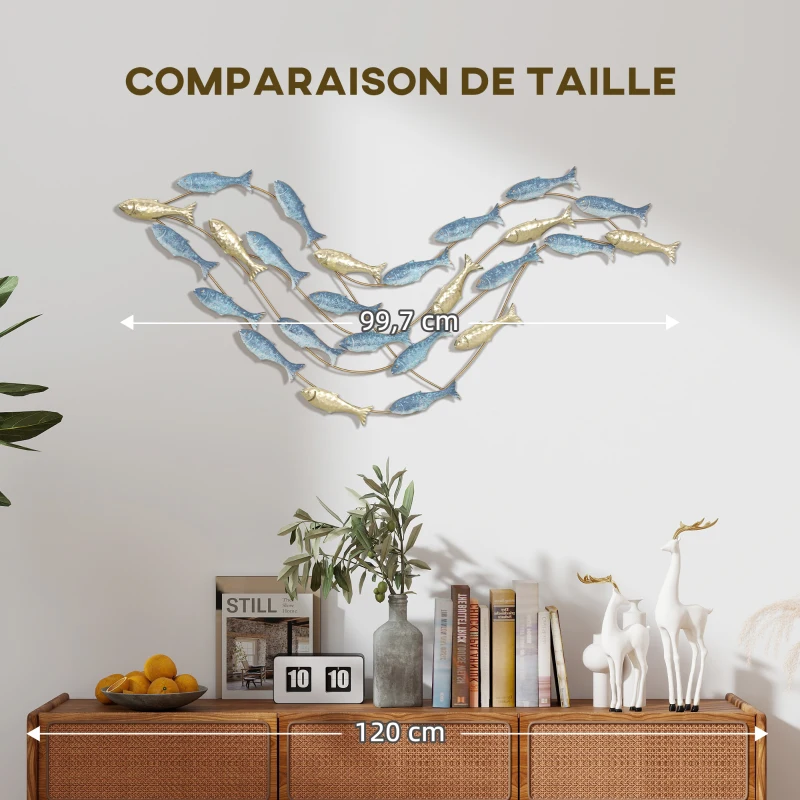 HOMCOM Décoration murale en métal moderne, sculpture murale en métal avec motif de poisson unique, 100 x 50 cm, bleu clair