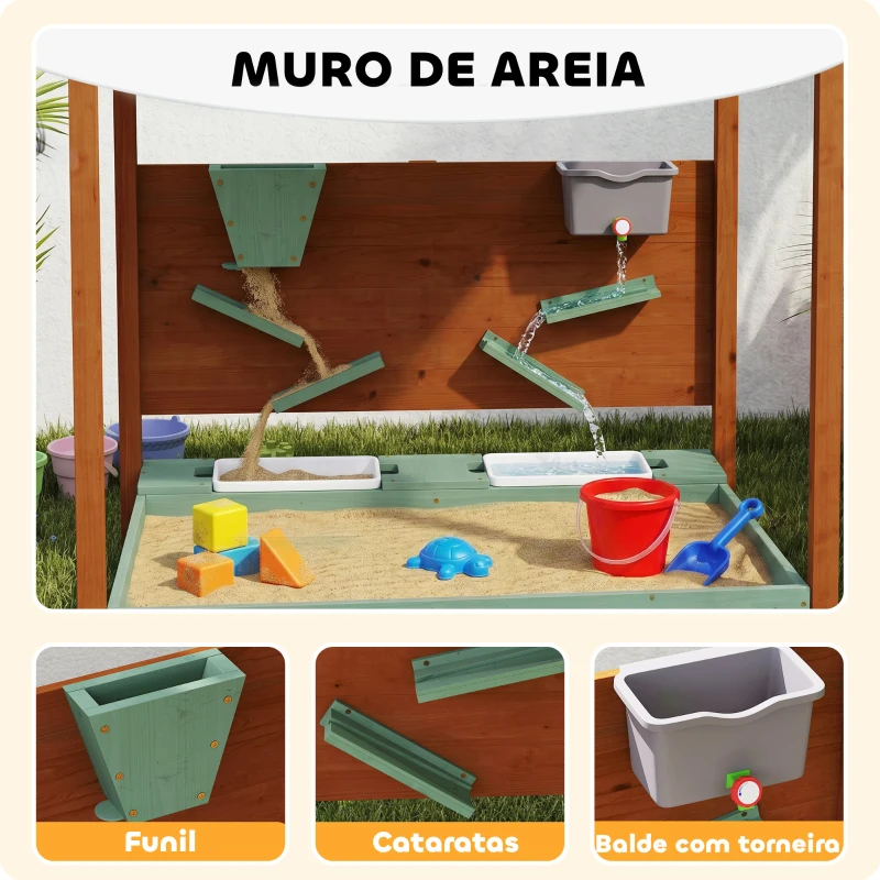 AIYAPLAY Caixa de Areia para Crianças de Madeira com Teto 2 Assentos 2 Caixas Torneira Funil 116x112,5x128 cm Verde
