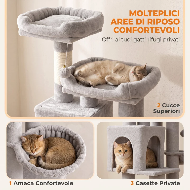 PawHut Albero Tiragraffi Alto 200 cm con Pali in Sisal, 2 Cucce, 3 Casette, Amaca, Grigio Chiaro