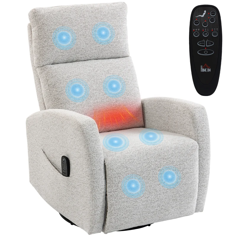 HOMCOM Fauteuil inclinable de massage et chauffage, fauteuil de relaxation en chenille, dossier réglable, pivotant 360°, crème