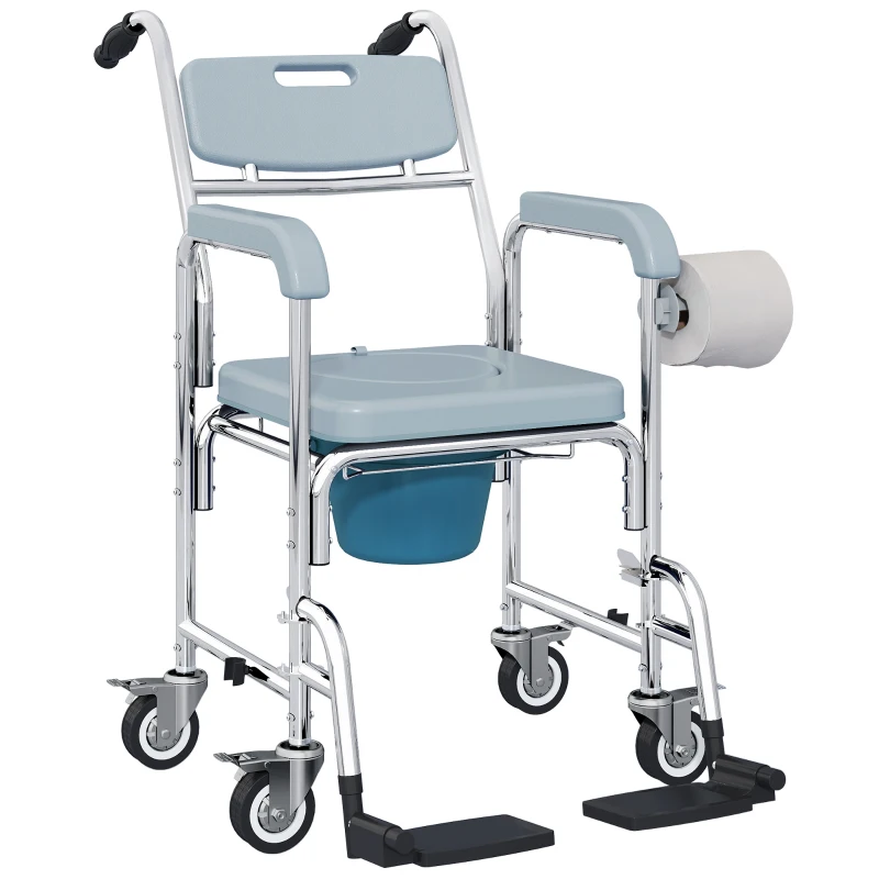 HOMCOM Chaise percée adulte à roulettes, chaise percée de douche avec repose-pieds, dossier et accoudoirs, 53x97x97cm, gris