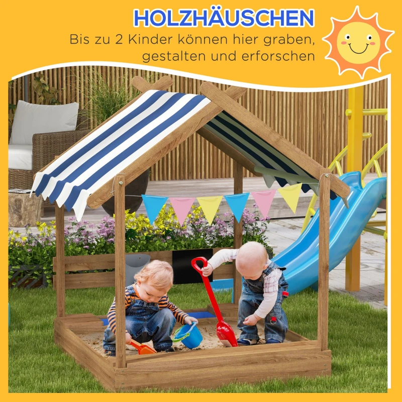 Outsunny Zandbak met dak, speelhuisontwerp, met speelgoedset, grenenhout, 124x116x146cm, Bruin