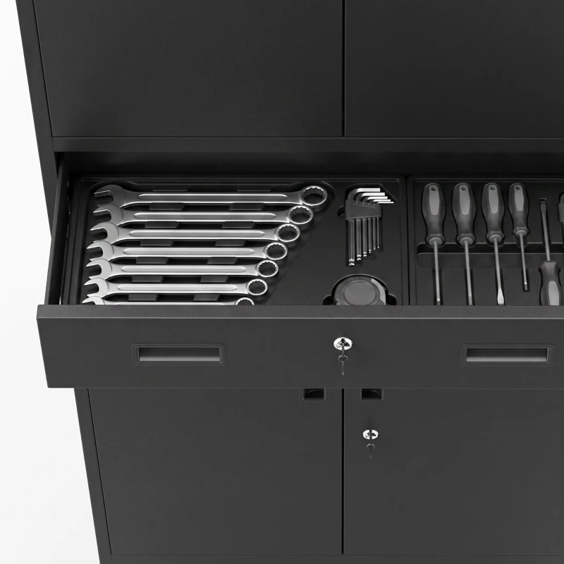 HOMCOM Metalen kast 180 cm, gereedschapskast met afsluitbare deuren, lade en verstelbare planken, zwart