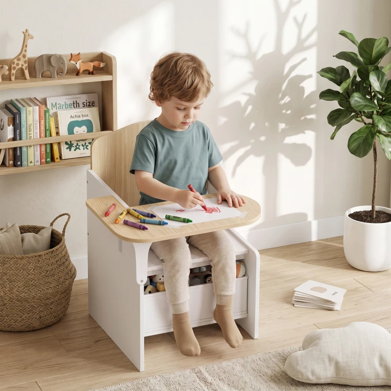 AIYAPLAY Set Tavolo e Sedia per Bambini 3-5 Anni in Legno MDF con Motivi a Cuore, Contenitore Integrato, Bianco