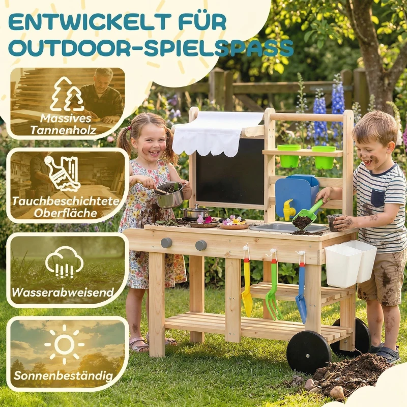 AIYAPLAY Matschküche Kinder Outdoor, Spielküche aus Holz mit echtem Wasserhahn, Spüle, Herd, Ablagefach, Wassertank, Naturholz