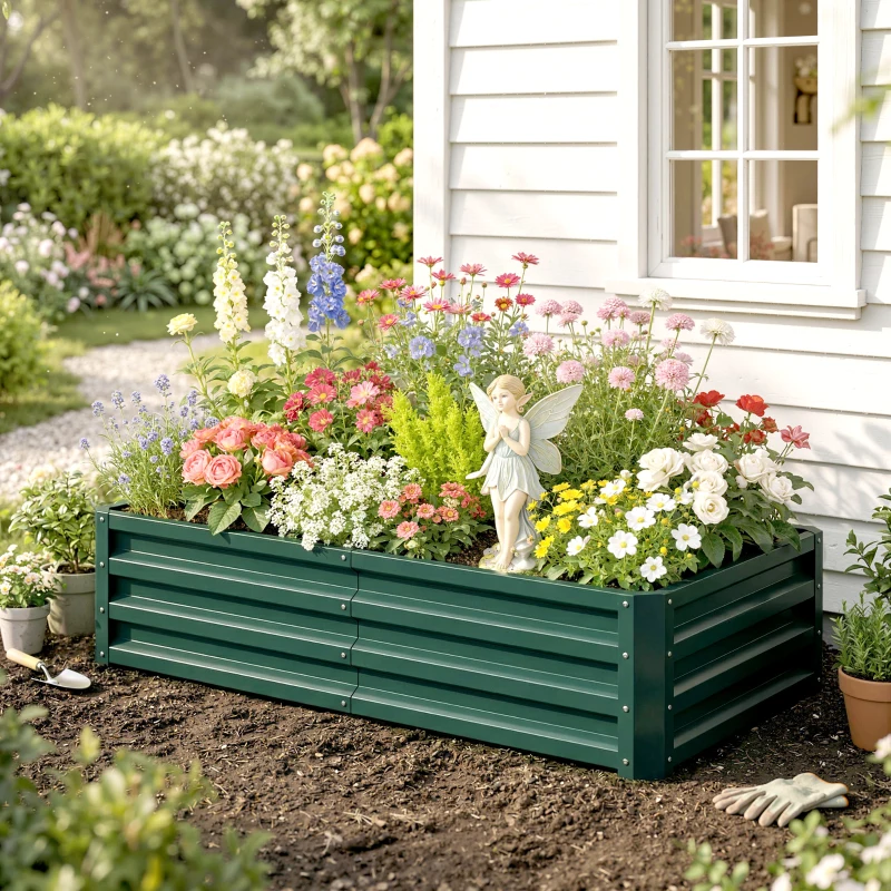 Outsunny Carré potager de jardin rectangulaire tôle d'acier ondulée 120 x 60 x 30 cm vert foncé