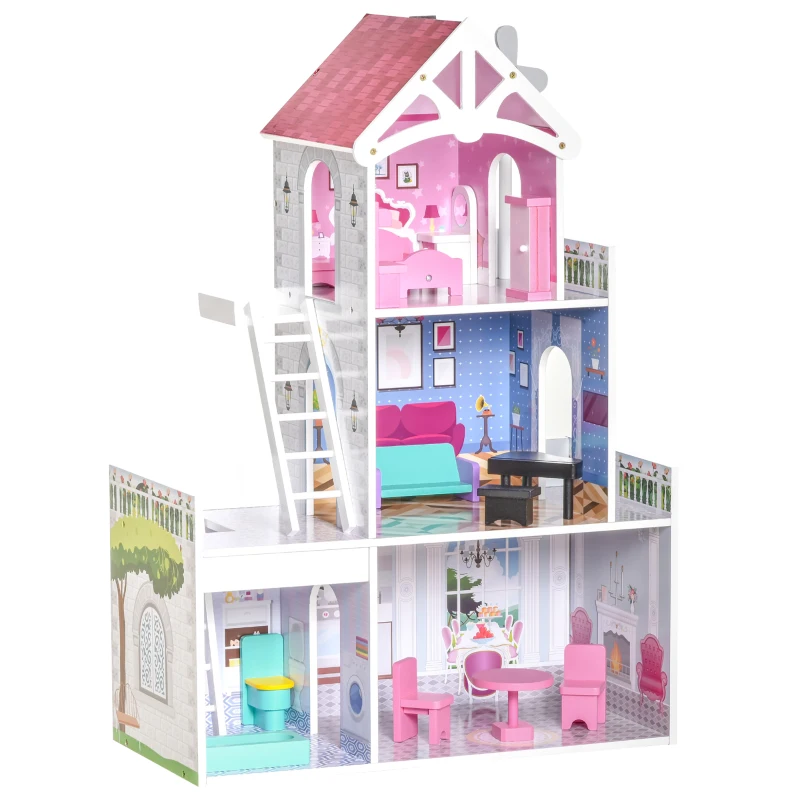 HOMCOM Maison de poupée 3 étages Jeu d'imitation avec 13 Accessoires Grand réalisme Multi-équipements MDF Rose