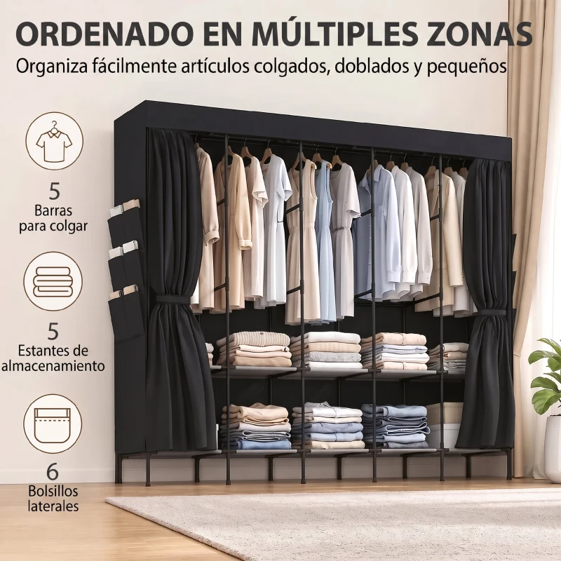 HOMCOM Armario de Tela con 5 Barras 5 Estantes 6 Bolsillos Laterales Cremallera Marco de Acero 212x45x167 cm Gris