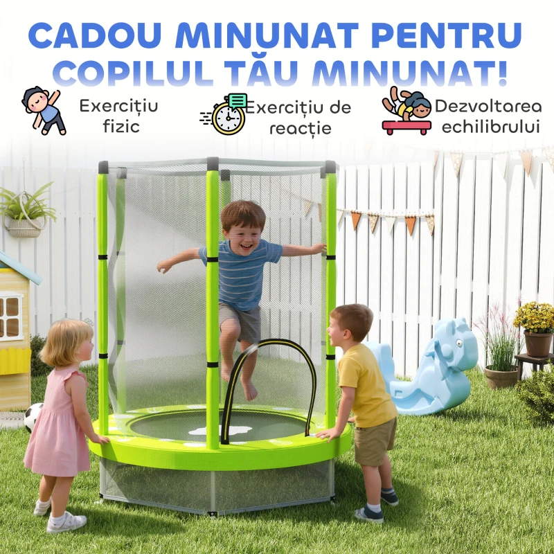 AIYAPLAY Trambulină Elastică pentru Copii Ø140 cm cu Plasă de Siguranță și Desene, Vârstă 3-6 Ani, Verde