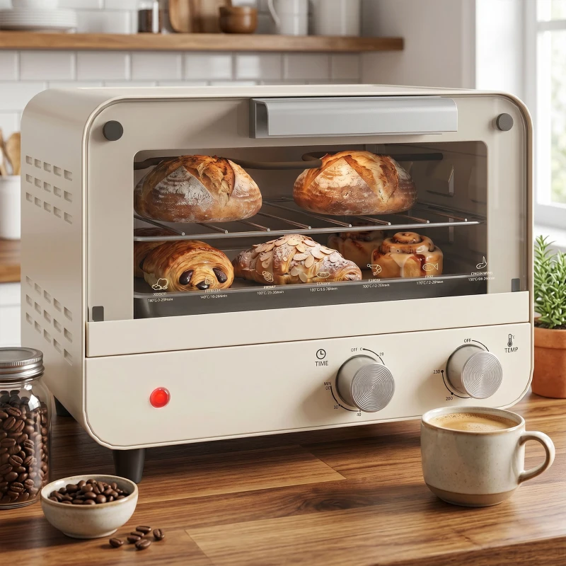 HOMCOM Mini Oven, Small Toaster Oven with Glass Door, Adjustable Temperature and Timer, Accessory Included, 750W, Cream White