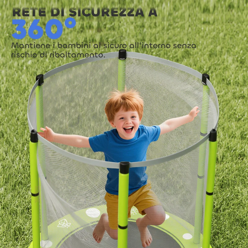 AIYAPLAY Trampolino Elastico per Bambini Ø140 cm con Rete di Sicurezza e Disegni, Età 3-6 Anni, Verde