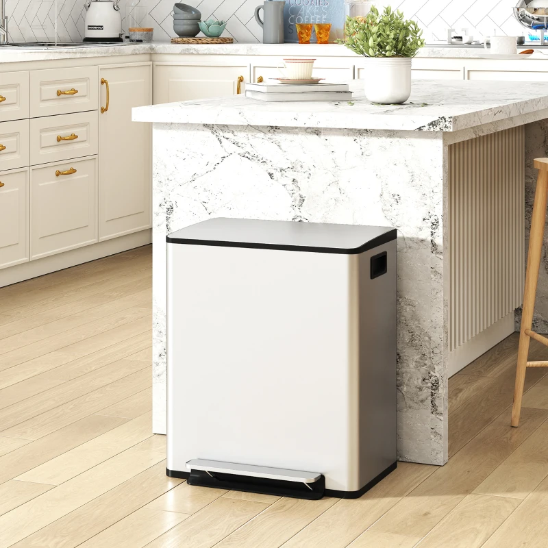 HOMCOM Poubelle de cuisine 2 compartiments de 2 x 25L, acier inoxydable, couvercle à fermeture douce, 47,7x37,5x56cm, argent
