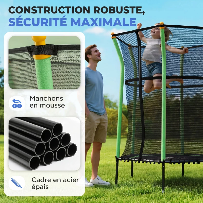 HOMCOM Trampoline pour enfant 1,22 x 1,11 x 1,9 m filet de sécurité porte zippée 6 poteaux rembourrés inclus vert noir