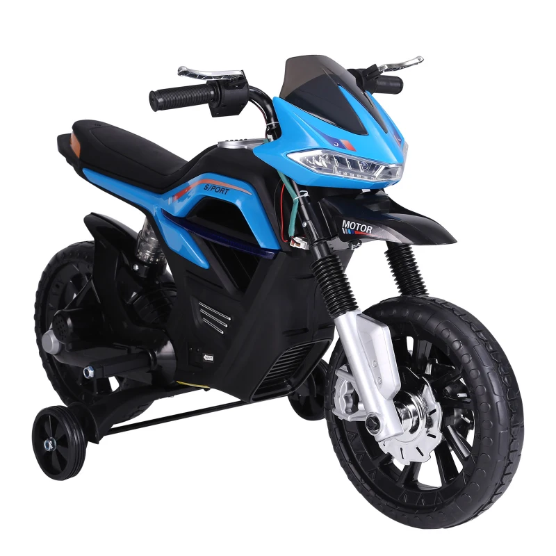 HOMCOM Moto électrique pour Enfants de 3-6 ans 25 W 6 V 3 Km/h Effets Lumineux et sonores roulettes Amovibles Charge max. 30 kg Bleu(m-12)