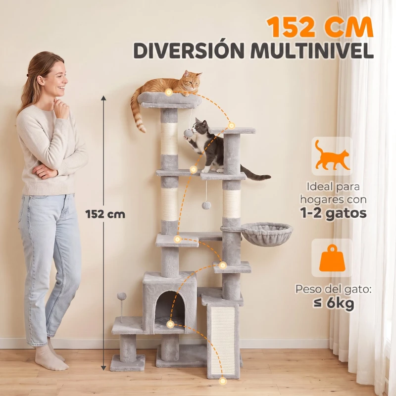 PawHut Árbol Rascador para Gatos 152 cm Multinivel con Cueva Hamaca Cama Escalera Rascadora 4 Postes de Sisal Bolas Gris Claro