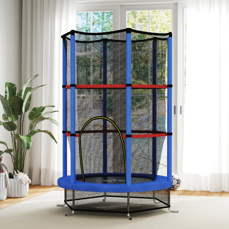 HOMCOM Tappeto Elastico per Bambini 3-6 Anni con Rete di Protezione, 6 Colonne e 3 Ingressi, Ø140x190 cm, Blu e Nero