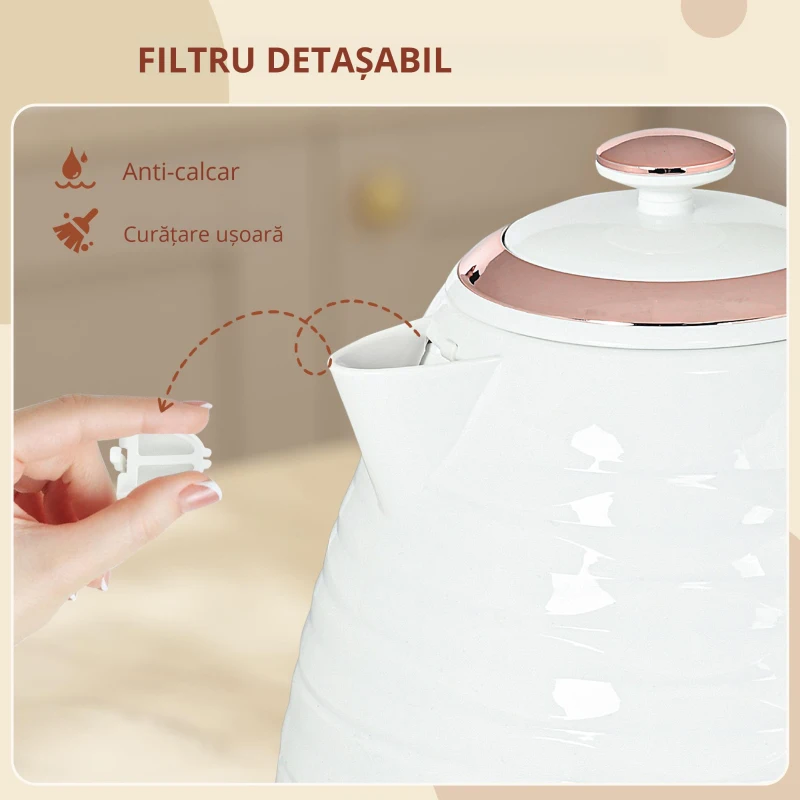 HOMCOM Fierbător electric, 1,7L, 2,2kW, funcție de fierbere rapidă cu filtru anti-calcar detașabil și lavabil