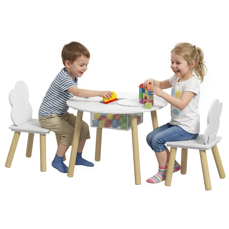 AIYAPLAY Table enfant avec chaise, ensemble table et 2 chaises en bois avec sac de rangement pour dessiner, jouer, étudier, blanc