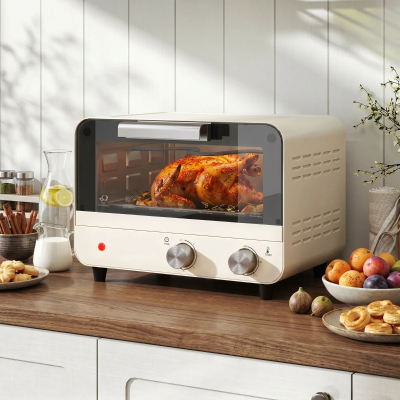 HOMCOM Mini Oven, Small Toaster Oven with Glass Door, Adjustable Temperature and Timer, Accessory Included, 750W, Cream White